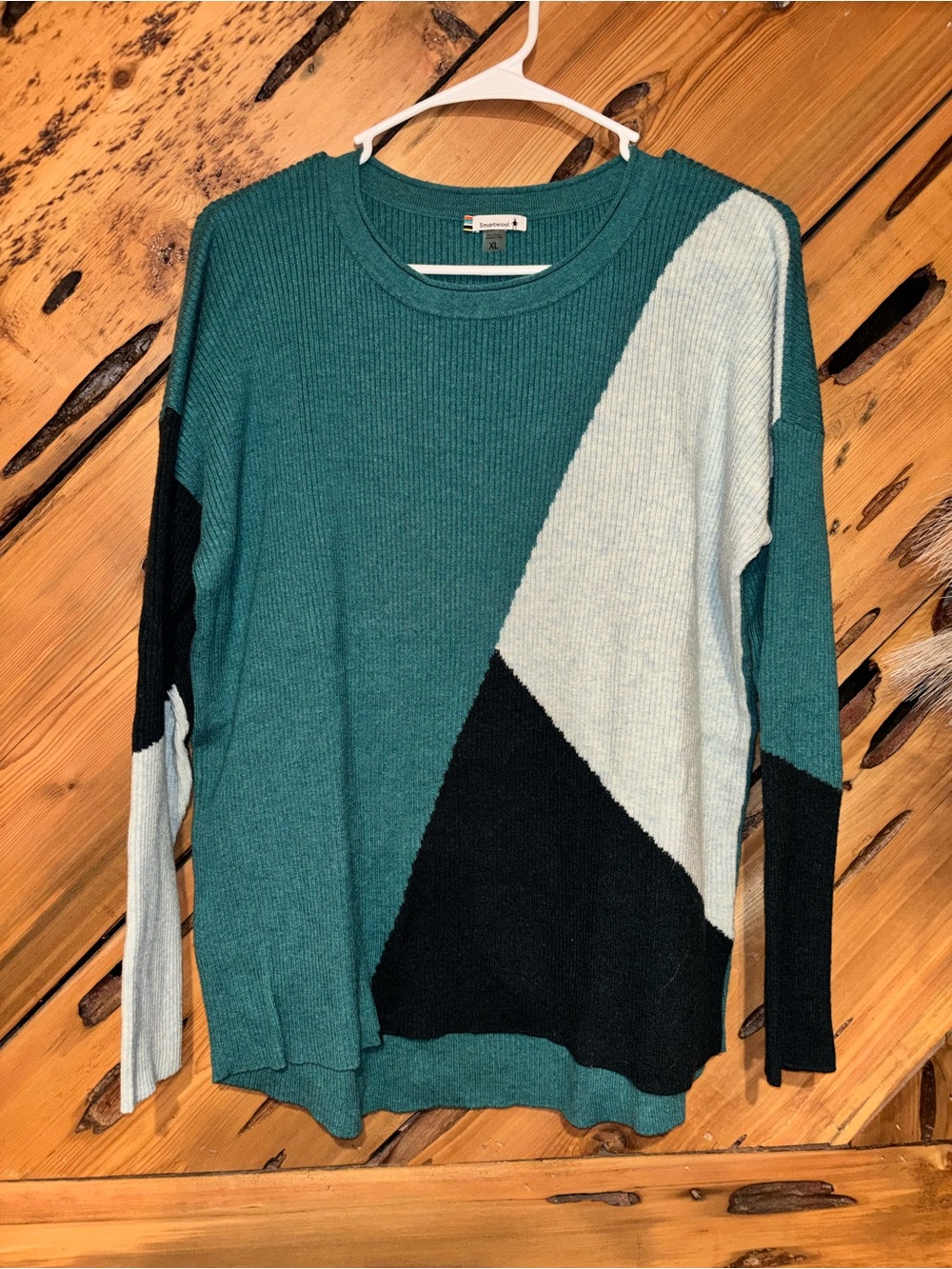 Smartwool Teal, Black & Light Blue Geometric Color Block Crewneck Sweater
